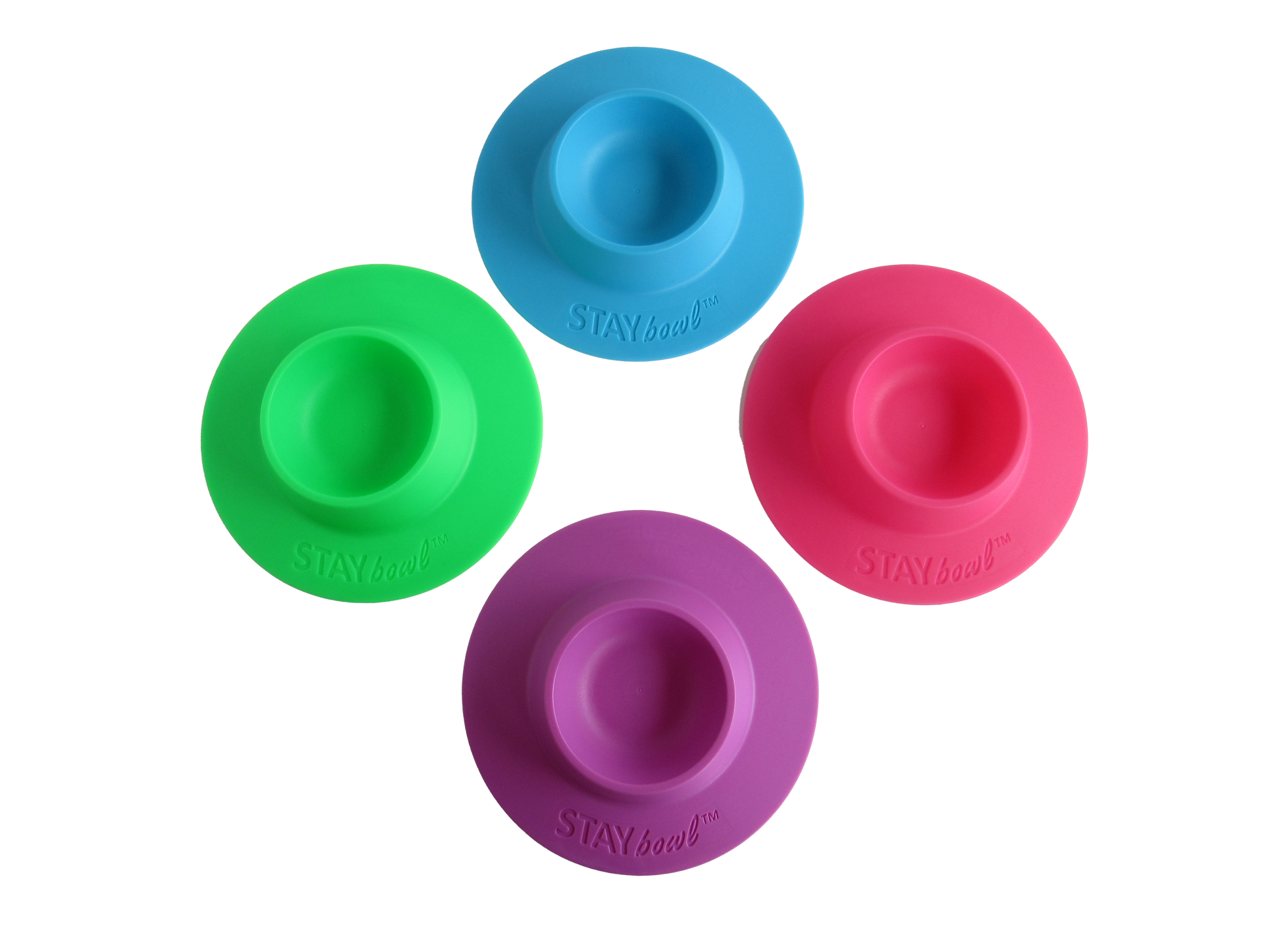 Four small STAYbowl's displayed in each available color, Sky Blue, Fuchsia Pink, Spring Green, and Lilac Purple.