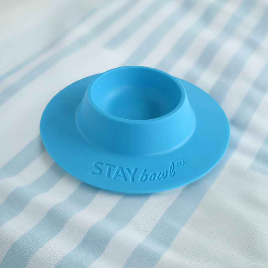 Small (1/4-cup) Sky Blue STAYbowlⓇ On A Table Cloth - Wheeky Pets, LLC