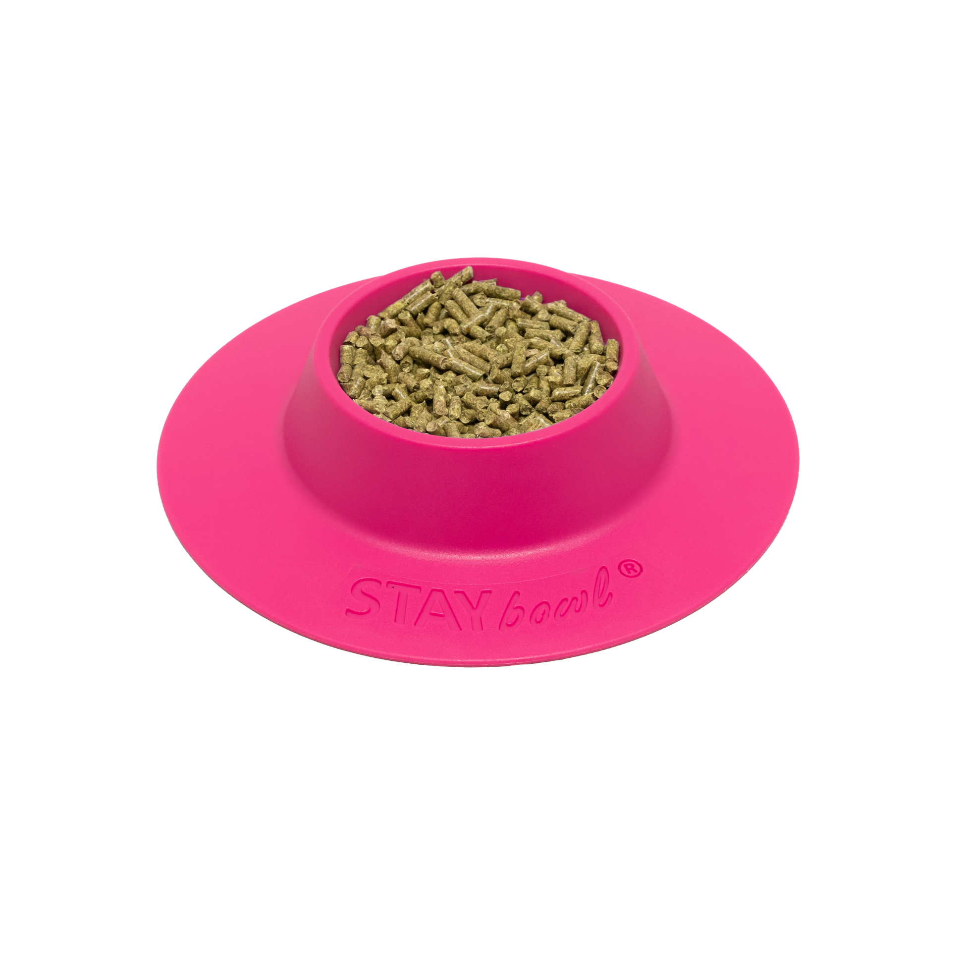 A small Fuchsia Pink STAYbowl filled with small animal kibble.