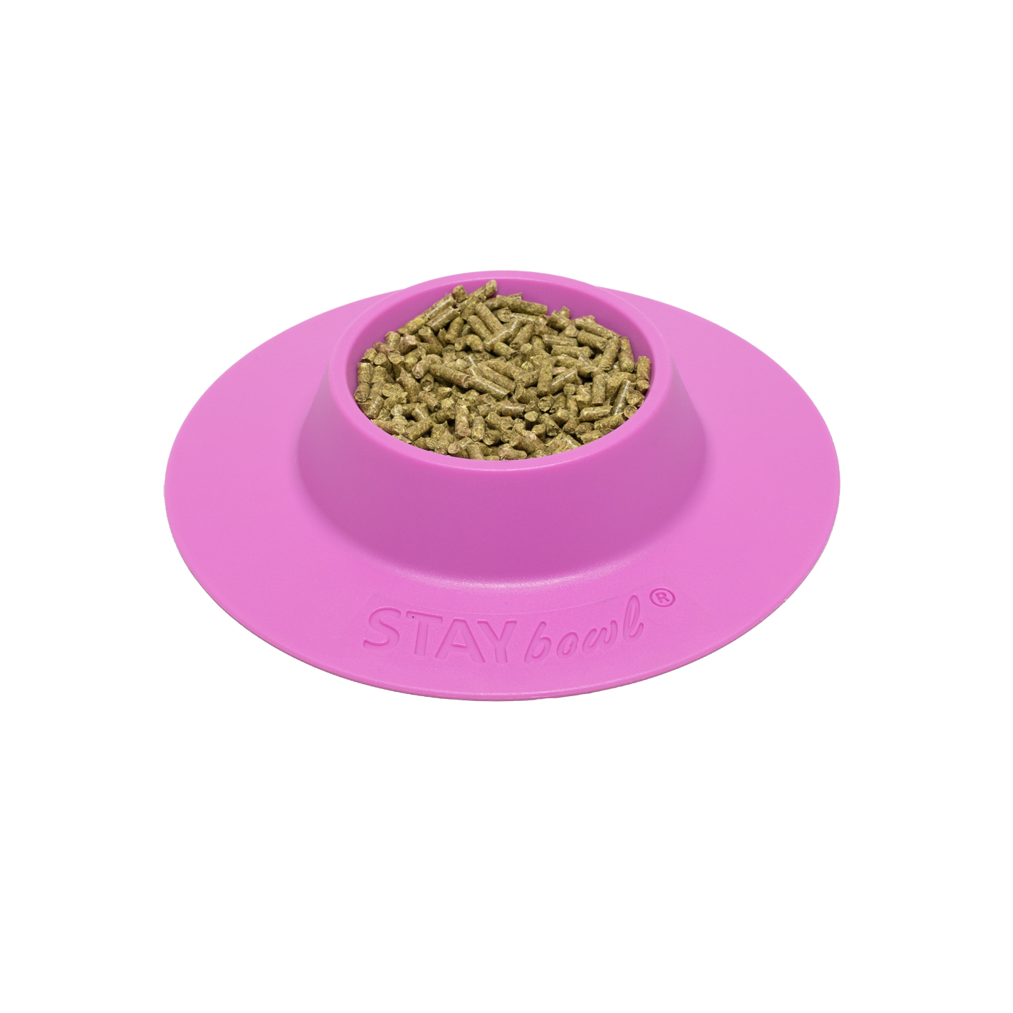 A small Lilac Purple STAYbowl filled with small animal kibble.