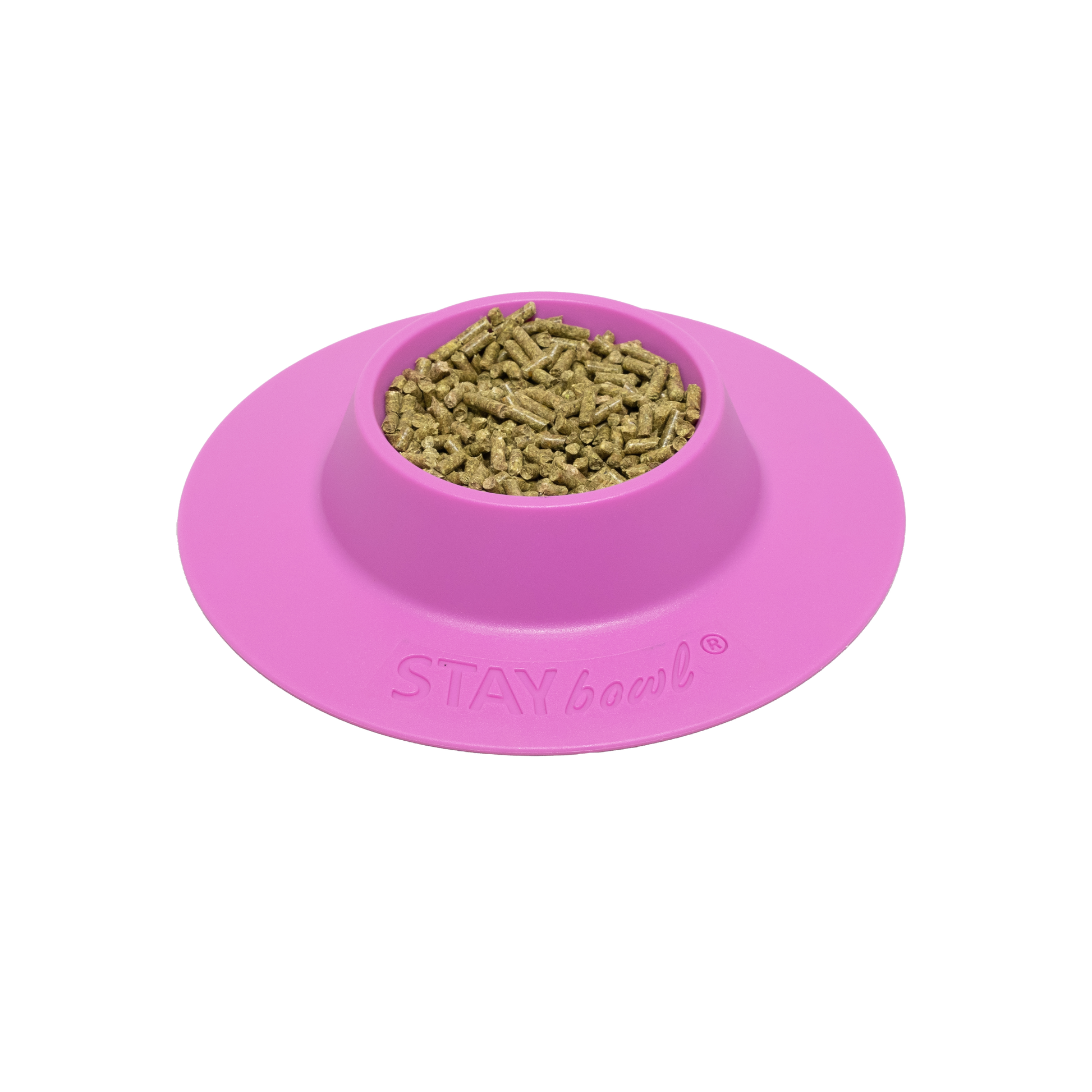 A small Lilac Purple STAYbowl filled with small animal kibble.