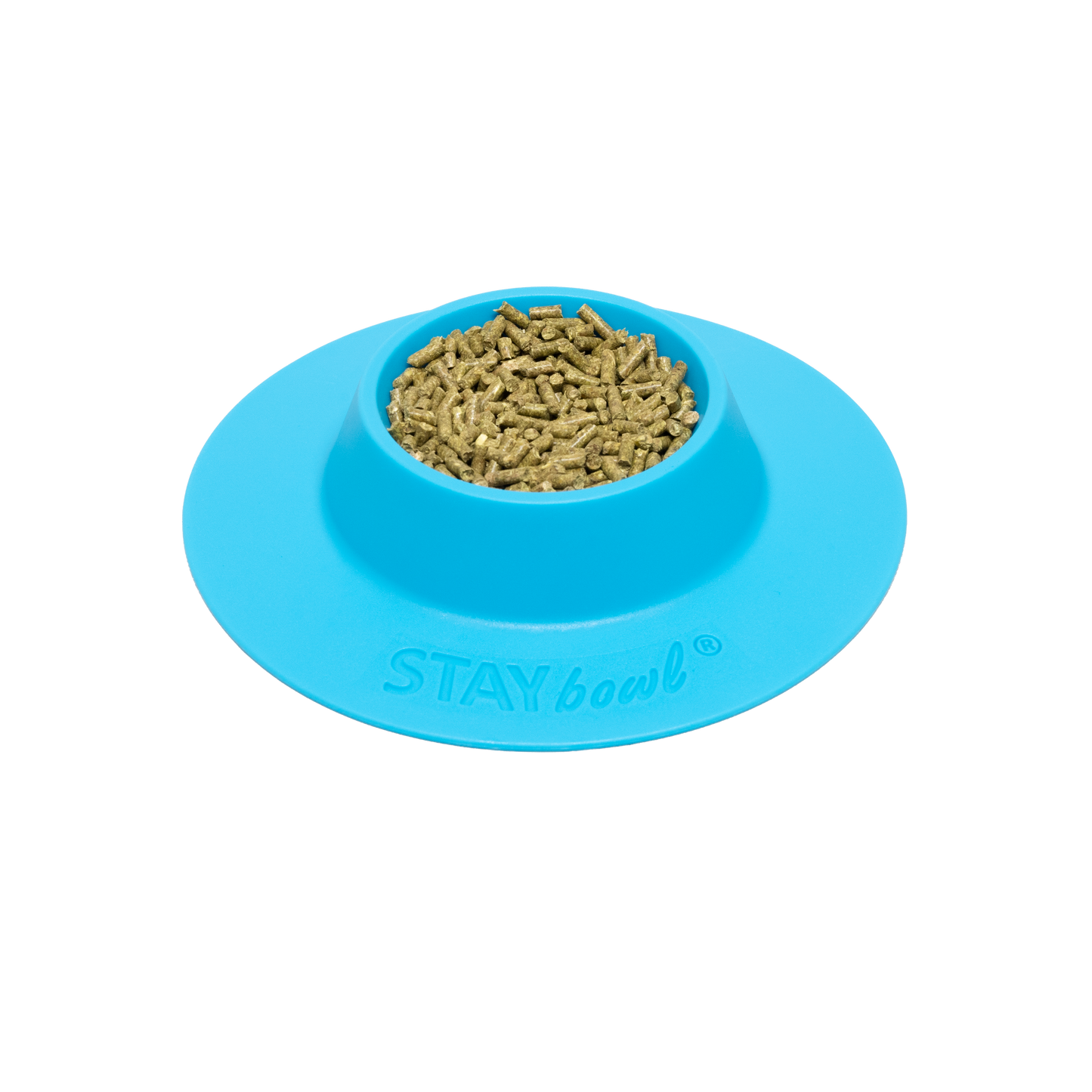 A small Sky Blue STAYbowl filled with small animal kibble.