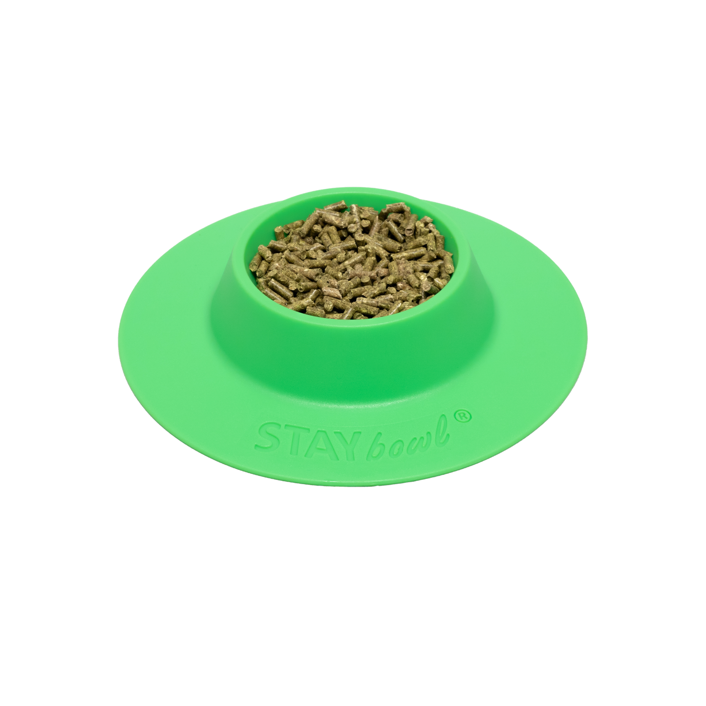 A small Spring Green STAYbowl filled with small animal kibble.