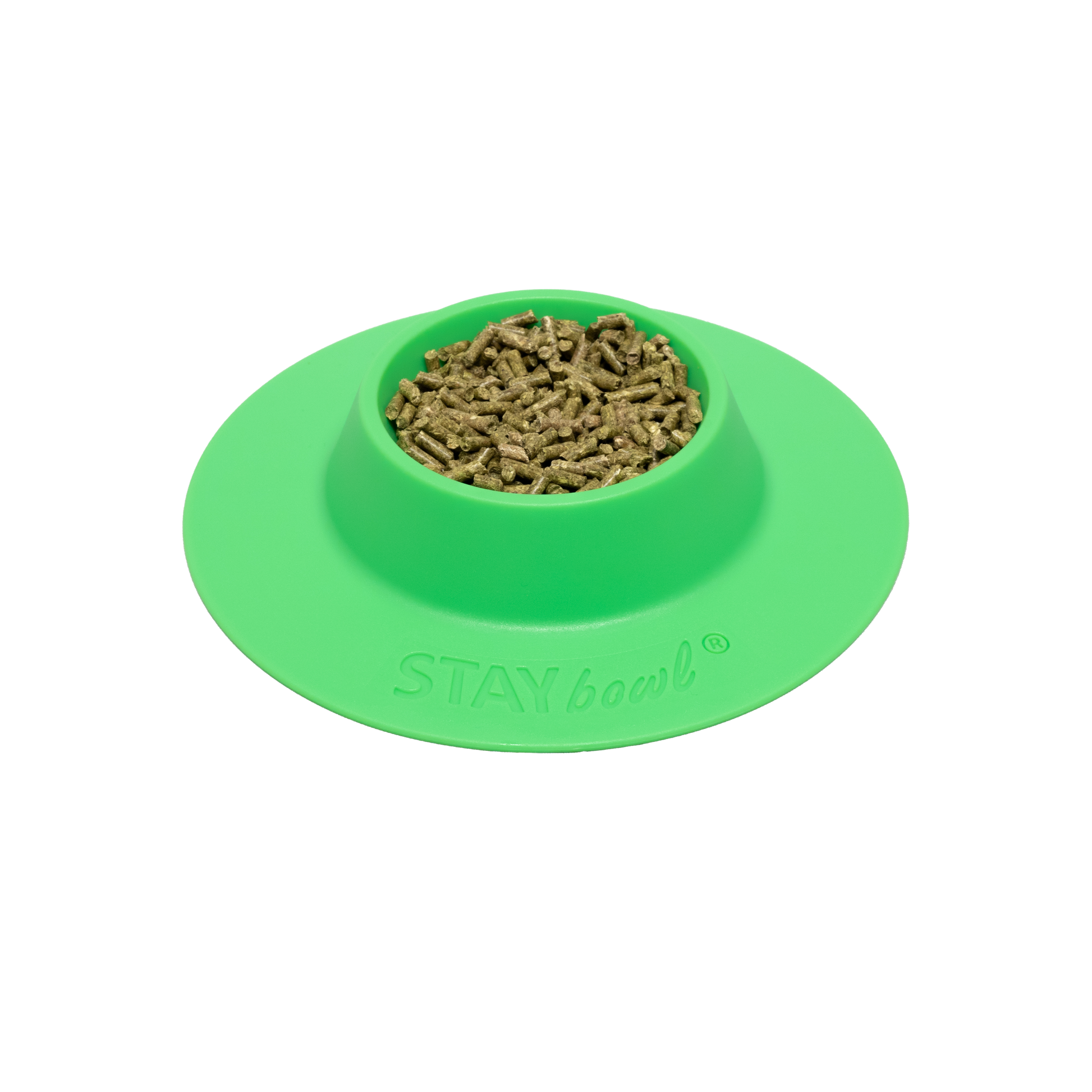 A small Spring Green STAYbowl filled with small animal kibble.