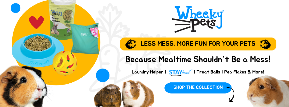 Wheeky Pets banner showcasing small pet products including the STAYbowl, treat balls, pea flakes, and a laundry helper bag.