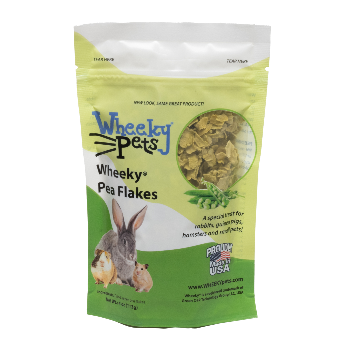 Wheeky Pea Flakes, a special treat for rabbits, guinea pigs and small pets. Front of package.