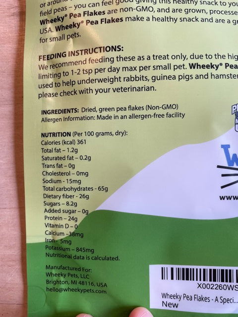 Ingredients label on Wheeky Pea Flakes back of packaging.